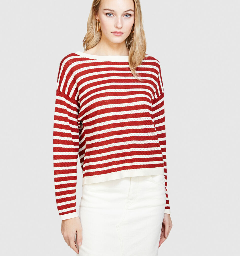 Sweater with two-tone stripes - women's boat neck sweaters - Red | Sisley image number 4